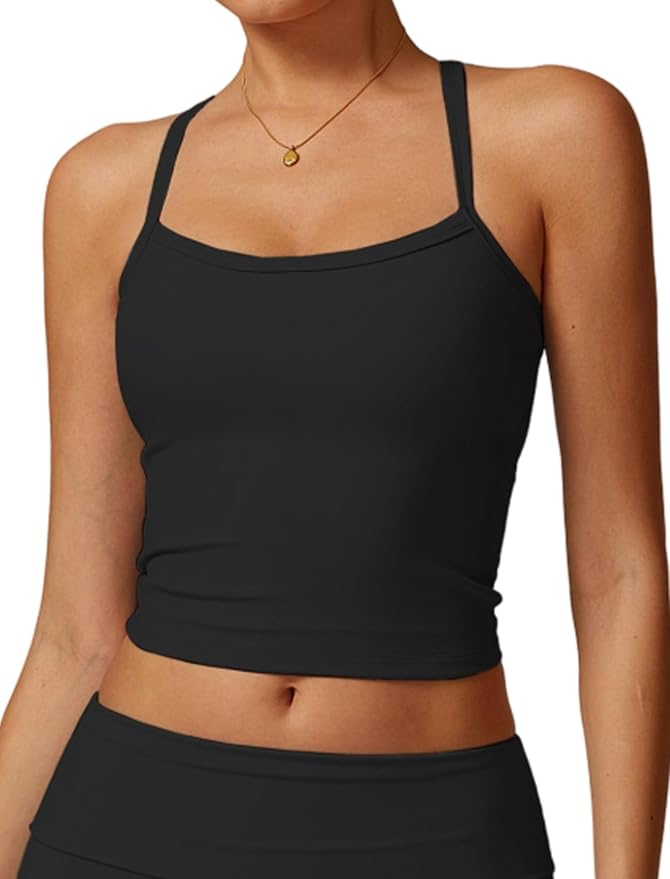 QBGJTD Womens Longline Sports Bras Cross Back Active Gym Yoga Padded Workout Crop Tank Top with Built in Bra