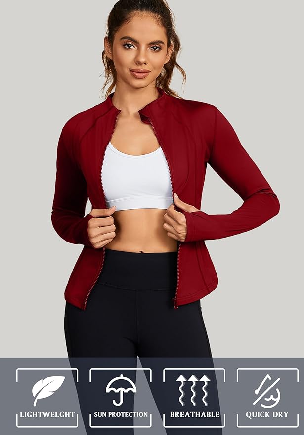 Bosmeer Workout Jackets for Women Lightweight Zip Up Slim Fit Yoga Sportwear Stretchy Crooped Running Jacket with Thumb Holes