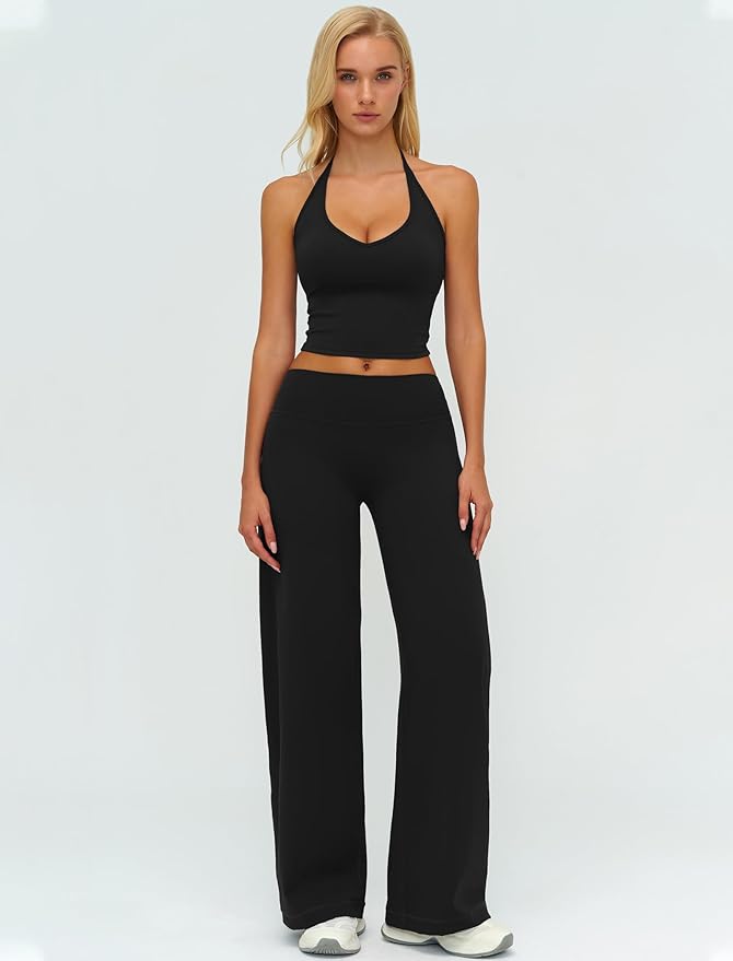 QBGJTD Womens Workout Sets Two Piece Spaghetti Straps Crop Top Matching Straight Leg Pants Gym Work Pilates Outfits