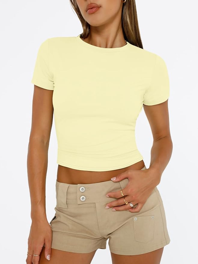 Trendy Queen Womens Short Sleeve T Shirts - Buttery Soft Summer Crop Tops Slim Fit Y2k Basic Tees for Workout