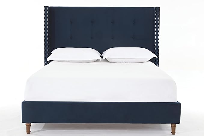 Upholstered Bed Frame, 54" Tall Headboard Wingback Upholstered Platform Bed Frame for Kids Teens Adults Bedroom Strong Wood Slats Support/No Box Spring Needed (Blue, King)