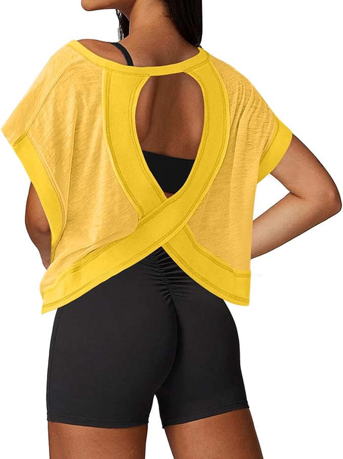 UNIANKIYA Open Back Workout Tops for Women Loose Fit Athletic Crop Tee Short Sleeve Gym Running Yoga Shirt