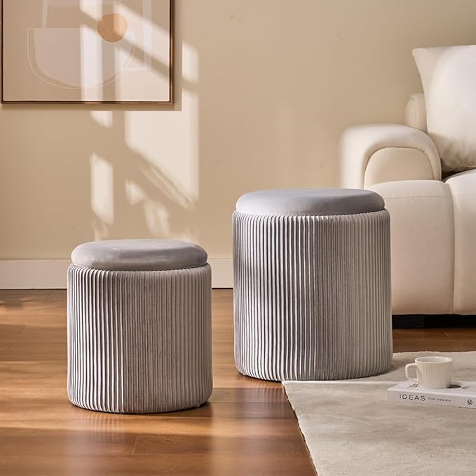 BLEXA Round Set of 2 Ottoman with Storage-Upholstered Velvet Vanity Stool for Makeup Multifunctional Ottomans Coffee Table Padded Seat Foot Rest for Living Room&Bedroom(Ligth Grey)