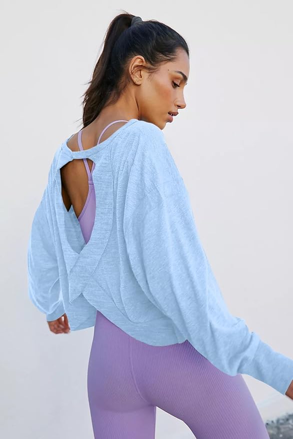 LASLULU Womens Open Back Long Sleeve Workout Tops Athletic Shirts Boat Neck Casual Running Tee Y2k Yoga Gym Tops
