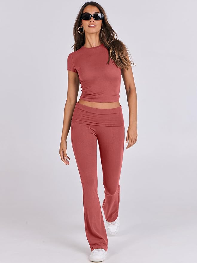 ANRABESS Lounge Sets for Women 2 Piece Foldover Yoga Flare Leggings Pants Crop Tops Casual Y2K Outfits Matching Tracksuit Set