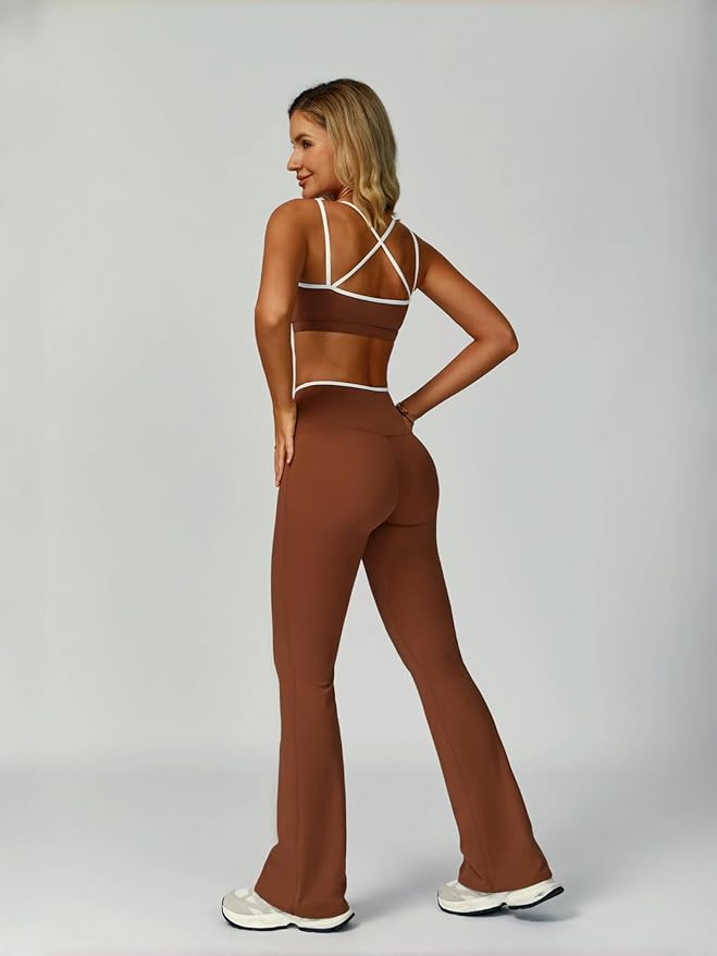 ABOCIW Workout Sets for Women 2 Piece Color Block Strappy Sports Bra High Waist Flare Leggings Gym Yoga Pilates Outfits