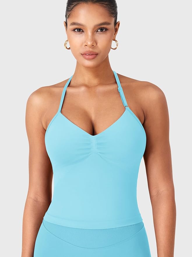 YEOREO SoftHue Impact Longline Strappy Top Women's Halter Workout Tank Tops Backless Gym Longline with Adjustable Strap