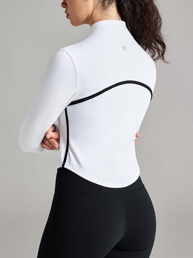 Women Workout Jacket Cropped Contrast Seam Zip Up Athletic Jacket Yoga Sportswear with Thumb Holes