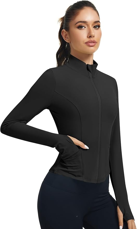 LOMON Women's Athletic Jackets Cropped Long Sleeve Workout Tops Yoga Zip Up Jackets Gym Tops Golf Shirts