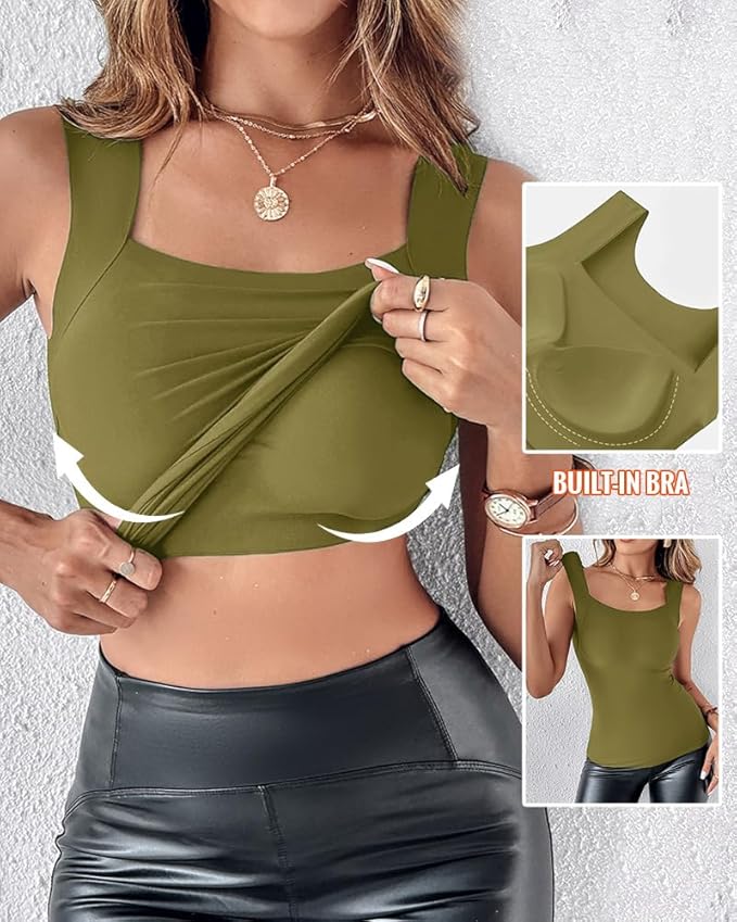 CHICME Womens U Neck Shapewear Built-in Bra Tank High Strechy Sleeveless Slim Fit Tops Camisole Workout Tops