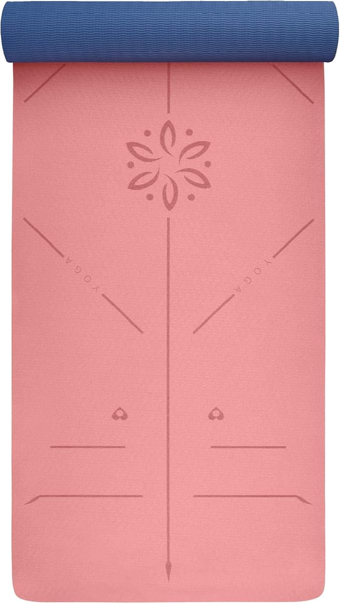 YOGATI® Yoga Mat with Strap with Alignment Lines. Home Workout Mat for Women, Men and Kids. Thick Non Slip Yoga Mat for Pilates and Fitness. Brown, Pink and Purple Yoga Mats