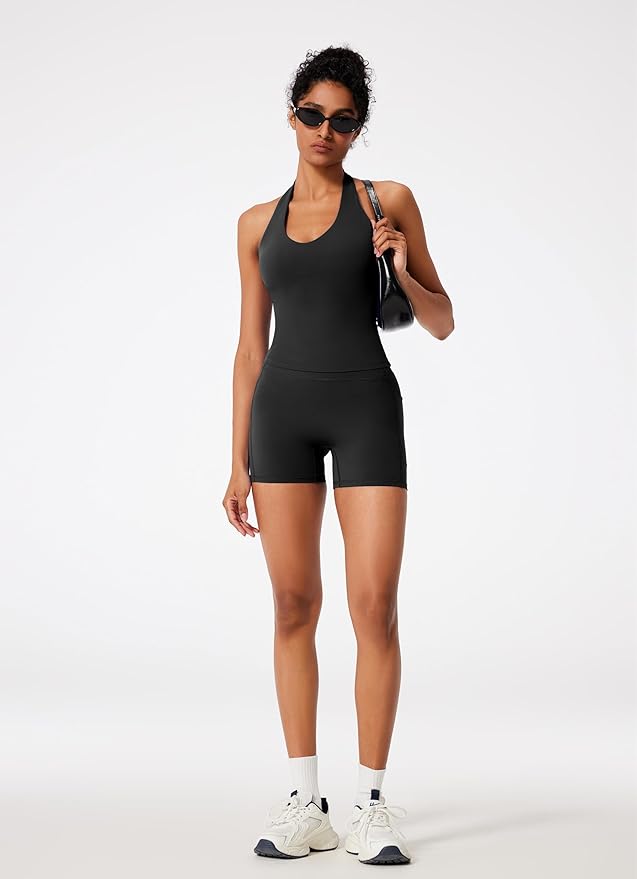 RXRXCOCO Halter Workout Sets for Women 2 Piece V Neck Tank Tops Hidden Scrunch Booty Shorts Gym Outfits with Pockets