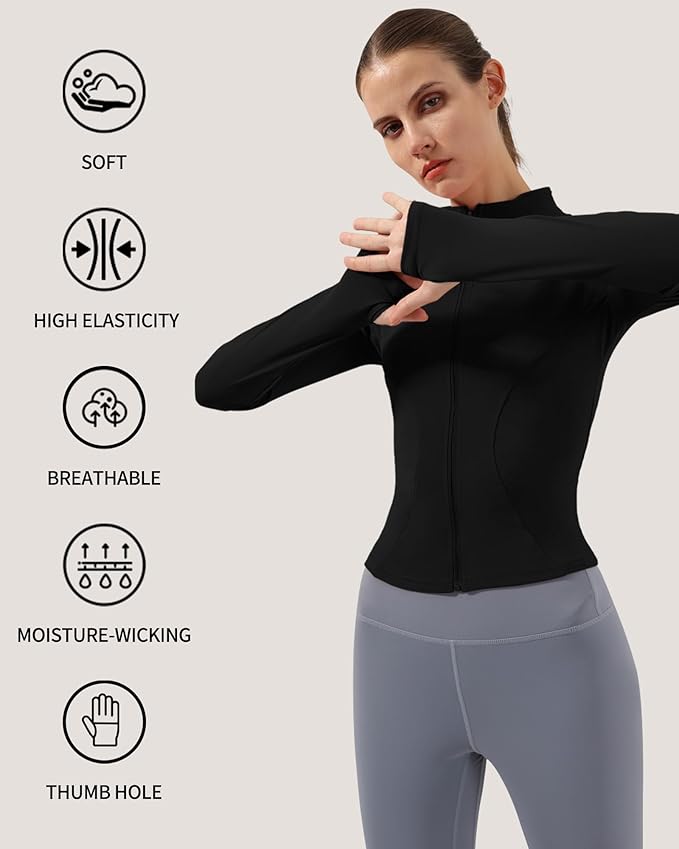 Locachy Women's Lightweight Stretchy Workout Full Zip Running Track Jacket with Thumb Holes