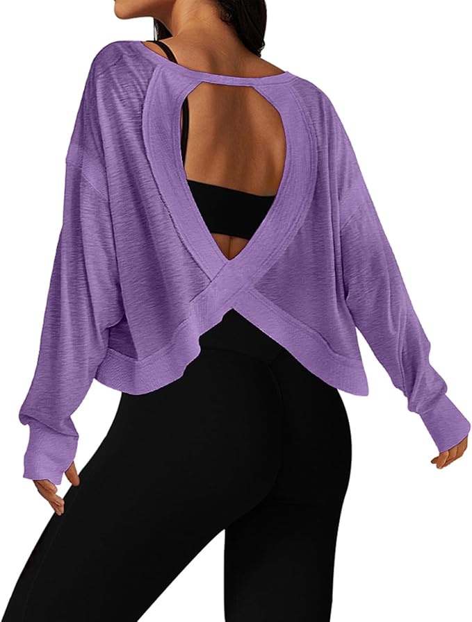 UNIANKIYA Open Back Workout Tops for Women Long Sleeve Cropped Athletic Clothes Gym Running Yoga Low Impact Sports T Shirts