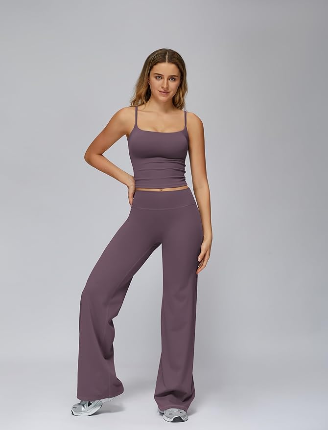 QBGJTD Womens Workout Sets Two Piece Spaghetti Straps Crop Top Matching Straight Leg Pants Gym Work Pilates Outfits