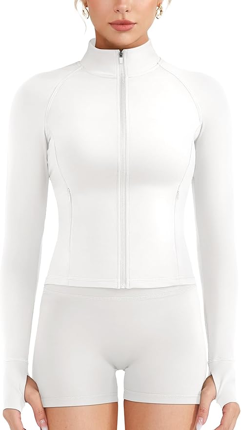 YEOREO Women Full Zip Workout Jacket with Pockets Thumb Hole Long Sleeve Athletic Cropped Jackets Gym Yoga Top