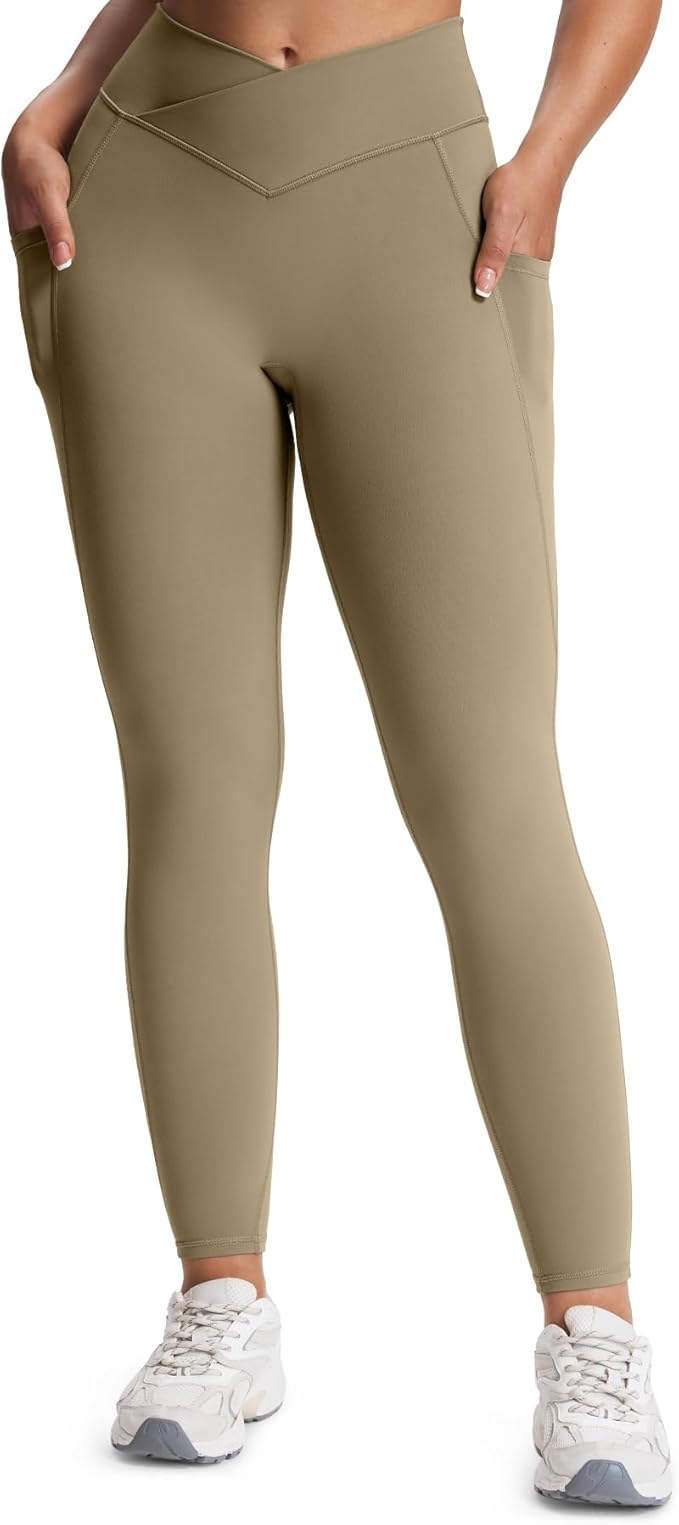 Aoxjox Women's Trinity High Waisted Yoga Pants with Pockets Cross-Waist Tummy Control Buttery Soft Workout Leggings 26"