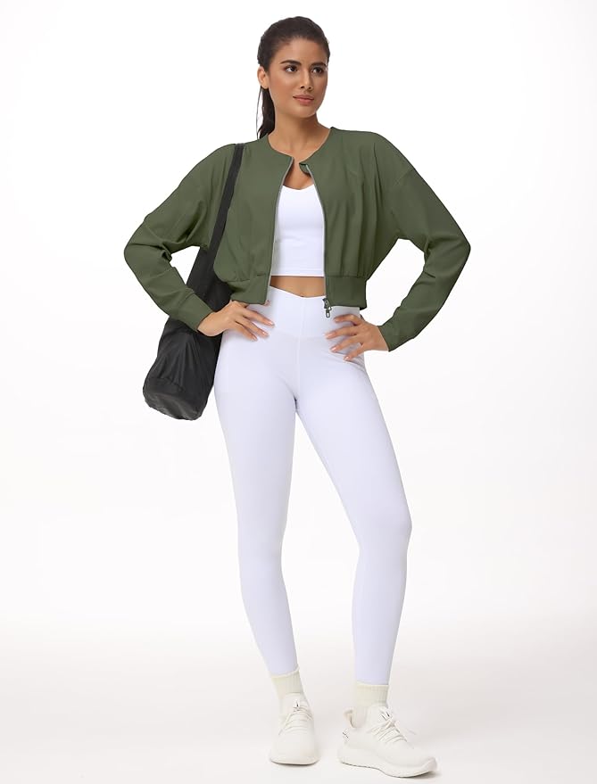 THE GYM PEOPLE Women's Cropped Jackets Full Zip Long Sleeve Ribbed Workout Sweatshirts Lightweight Casual Tops