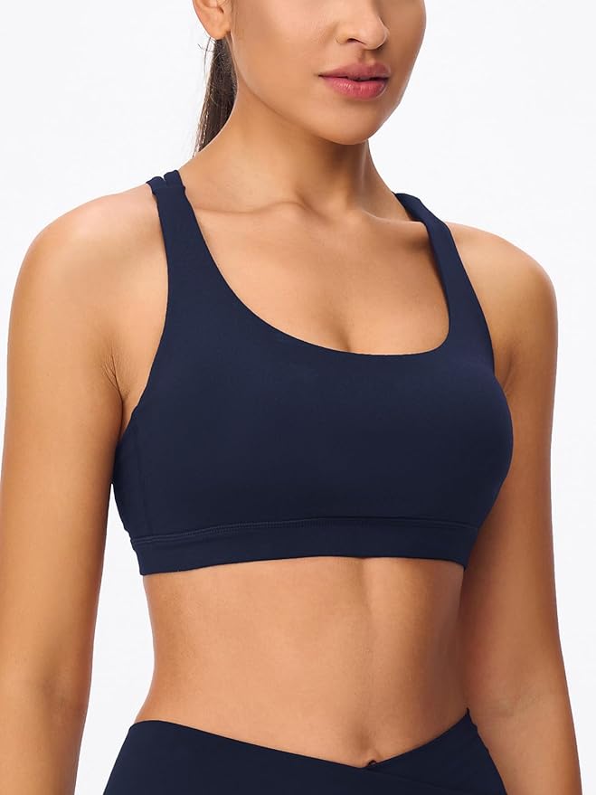 Women's Strappy Sports Bras Light Compression Crop Criss Cross Back Padded Workout Yoga Bra Supportive U Neckline