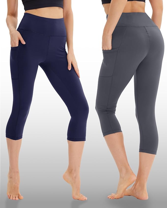 NexiEpoch 4 Pack Leggings for Women - High Waisted Tummy Control Soft Black Capri Yoga Pants with Pockets for Workout