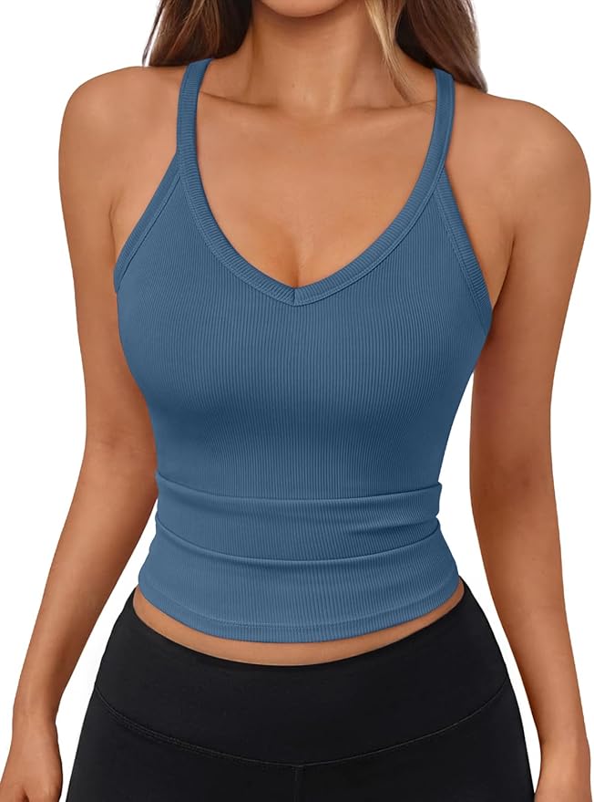 Trendy Queen Womens Racerback Ribbed Tank Tops Soft Stretch V Neck Workout Casual Tops Summer Sleeveless Crop Camisole