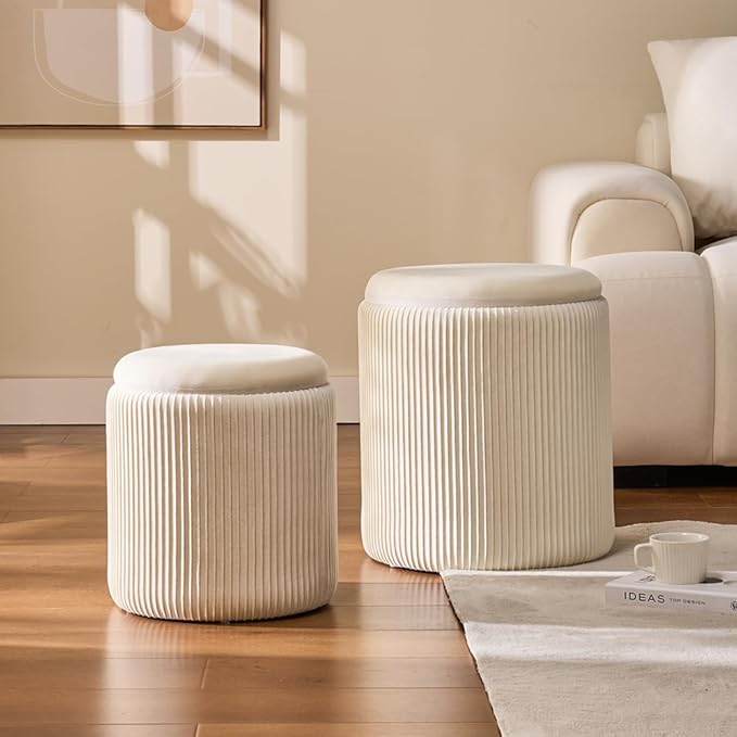 BLEXA Round Set of 2 Ottoman with Storage-Upholstered Velvet Vanity Stool for Makeup Multifunctional Ottomans Coffee Table Padded Seat Foot Rest for Living Room&Bedroom(White)