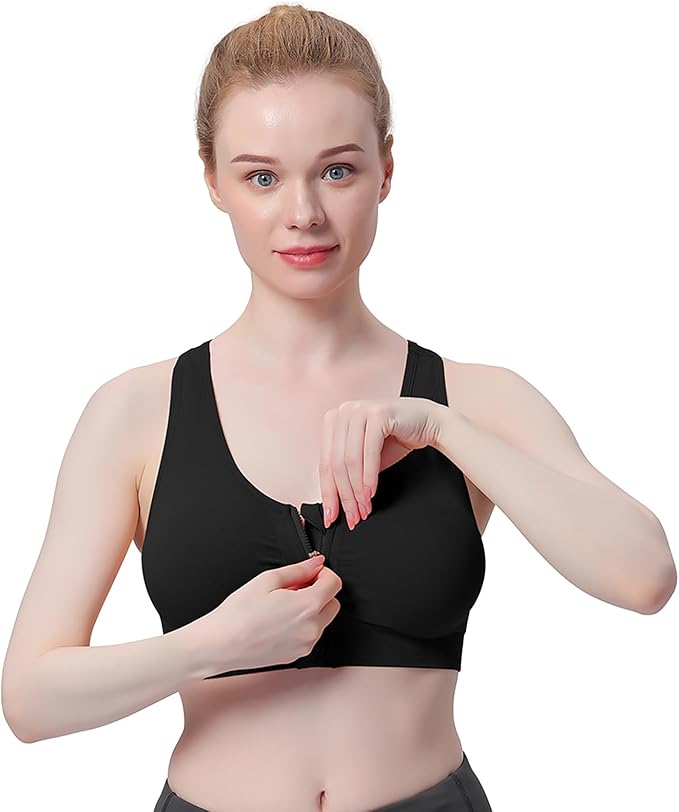 Women's Zip Front Sports Bra Wireless Post-Surgery Bra Active Yoga Sports Bras