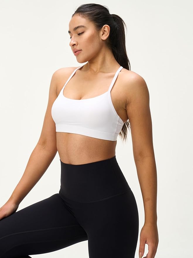 Womens Y Back Padded Sports Bra Strappy U Neck Butter Soft Low Impact Workout Bras Yoga Pilates Walking