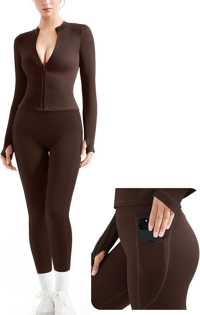 SUUKSESS Women 2 Piece Seamless Ribbed Workout Sets With Zip Up Jacket High Waisted Gym Yoga Leggings