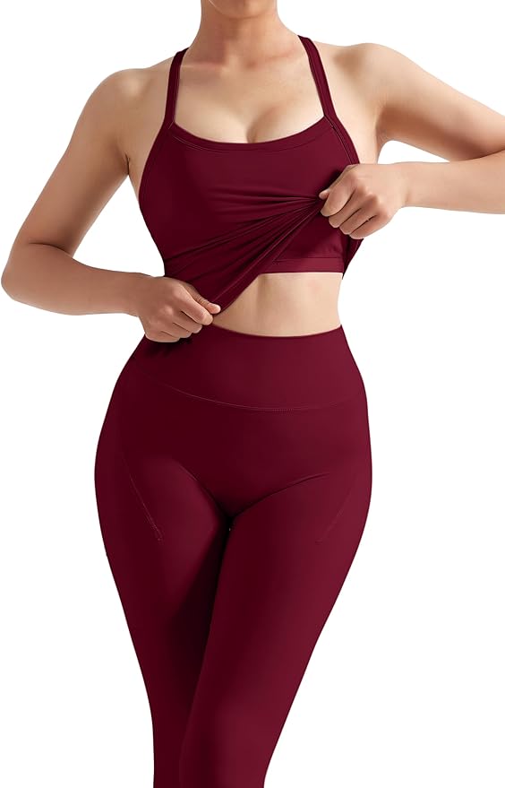 SUUKSESS Women 2 Piece Workout Sets Compression Tummy Control Leggings with Pockets Halter Built in Bra Tank Tops