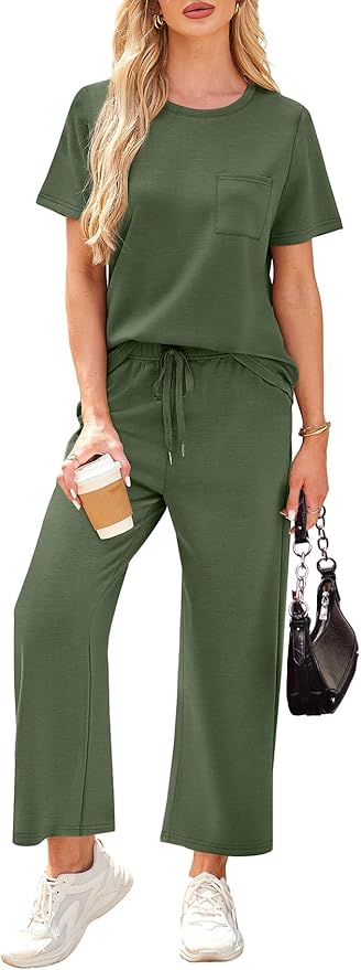 WIHOLL 2 Piece Sets for Women Casual Summer Travel Vacation Outfits Short Sleeve Wide Leg Crop Pants Lounge Sets