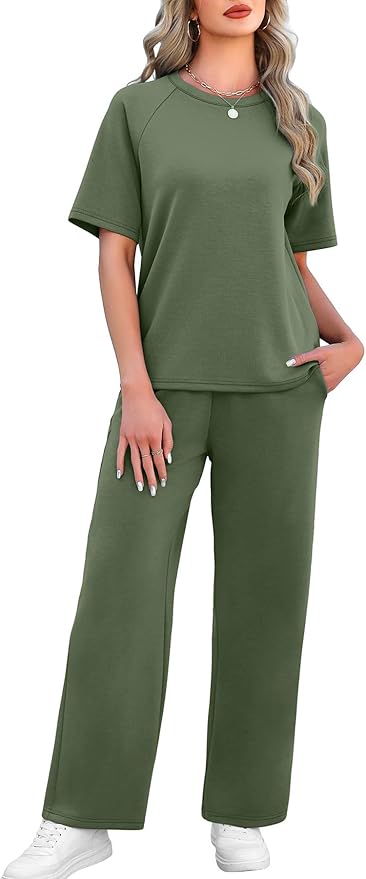 WIHOLL 2 Piece Sets for Women Resort Wear Travel Vacation Outfits Summer Short Sleeve Lounge Sets
