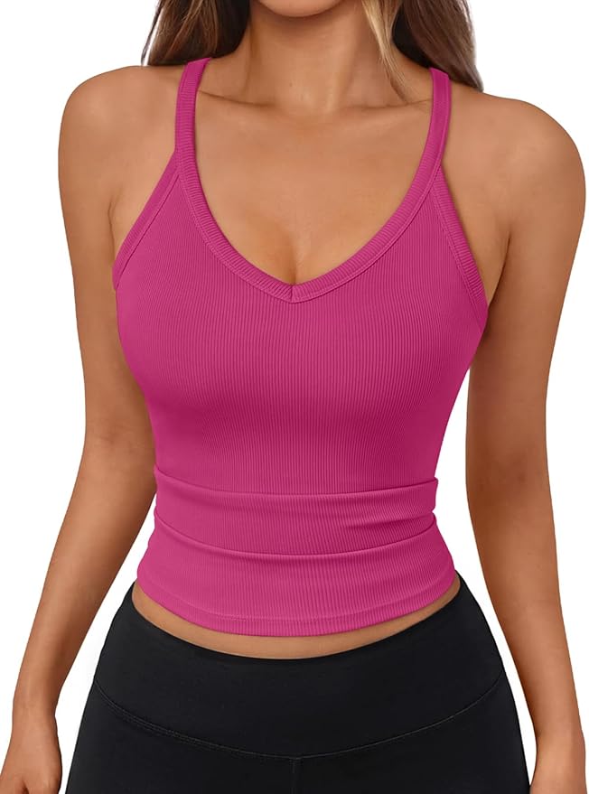 Trendy Queen Womens Racerback Ribbed Tank Tops Soft Stretch V Neck Workout Casual Tops Summer Sleeveless Crop Camisole
