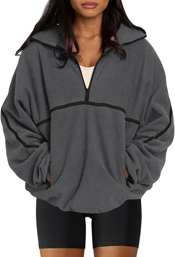 LASLULU Womens Half Zip Pullover Sweatshirt Sherpa Fleece Jacket Oversized Sweatshirts Warm Fuzzy Sweaters Pockets