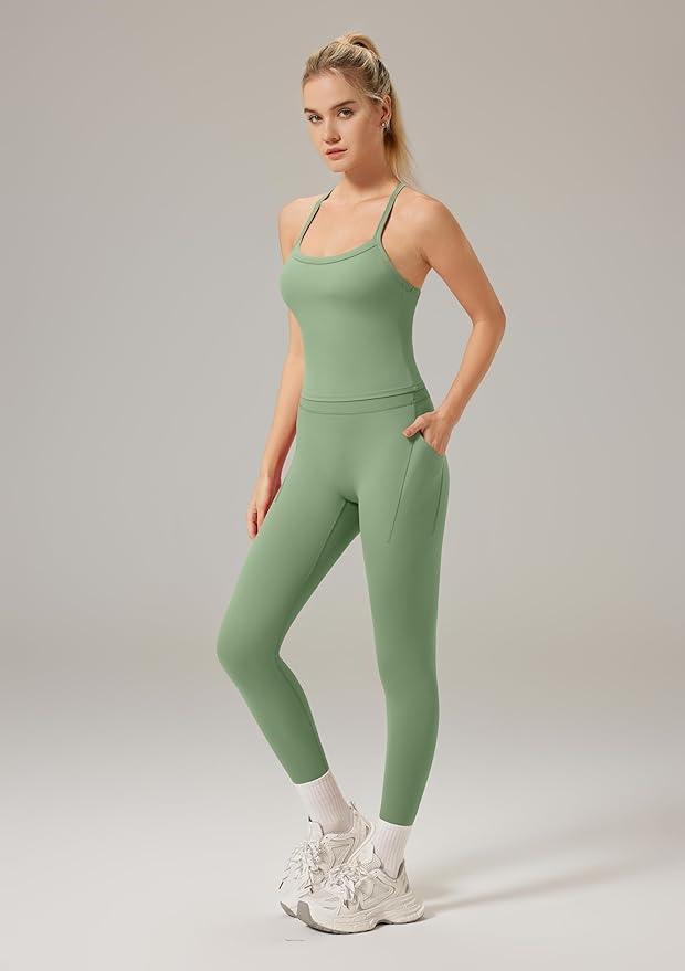 RXRXCOCO Cross Back Workout Sets for Women 2 Piece Padded Tank Tops Hidden Scrunch Leggings Gym Outfits with Pockets