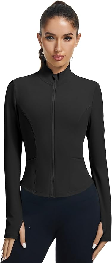 LOMON Women's Athletic Jackets Cropped Long Sleeve Workout Tops Yoga Zip Up Jackets Gym Tops Golf Shirts