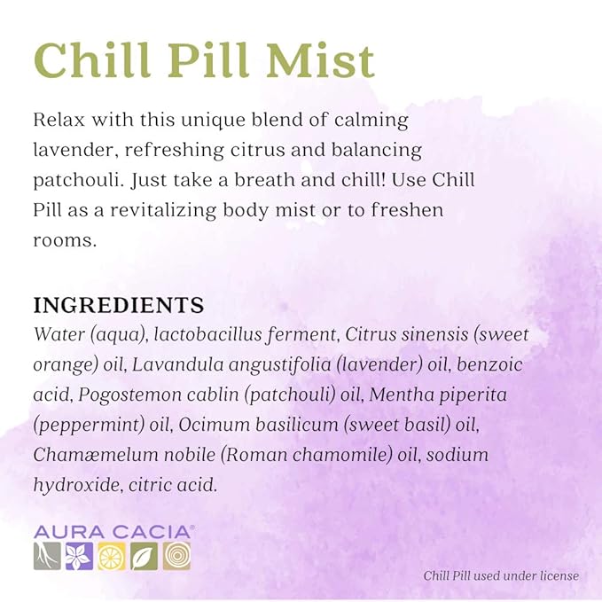 Aura Cacia Aromatherapy Mist, Chill Pill - Lavender, Sweet Orange and Patchouli Blend for Refreshing Rooms, Body Sprays, Meditation | 2 Fl Oz (Pack of 1)