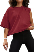 Women's Oversize Workout Crop Tops Casual Short Sleeve Drop Shoulder Boxy T-Shirts Roll Hem Basic Loose Yoga Running Tees