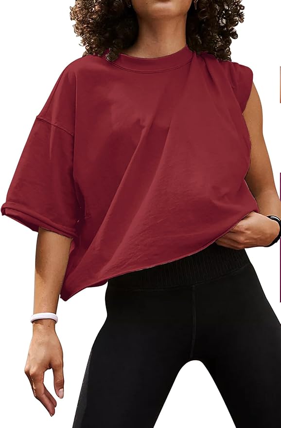 Women's Oversize Workout Crop Tops Casual Short Sleeve Drop Shoulder Boxy T-Shirts Roll Hem Basic Loose Yoga Running Tees