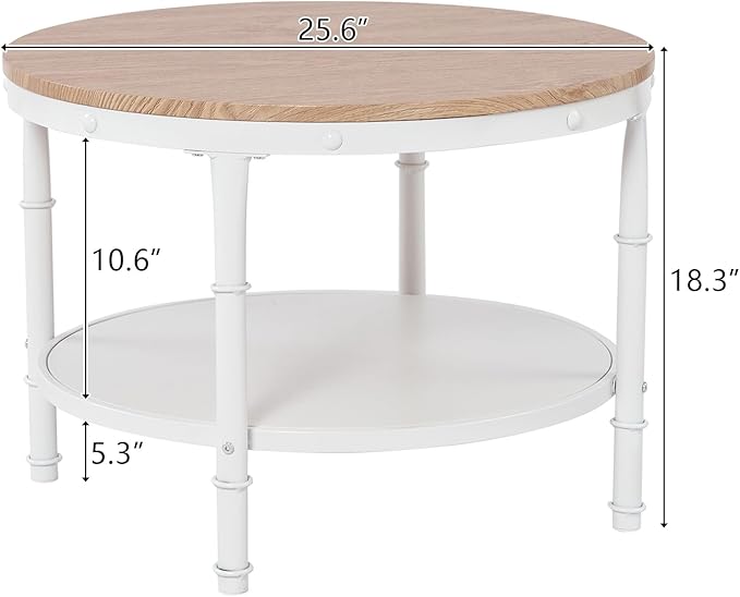 VINGLI 25.6" Natural White Round Farmhouse Coffee Table, 2-Tier Storage Wood Center Circle Accent Table for Living Room, Bedroom, Apartment, Studio and Small Spaces, Sturdy Metal Frame, Natural Color