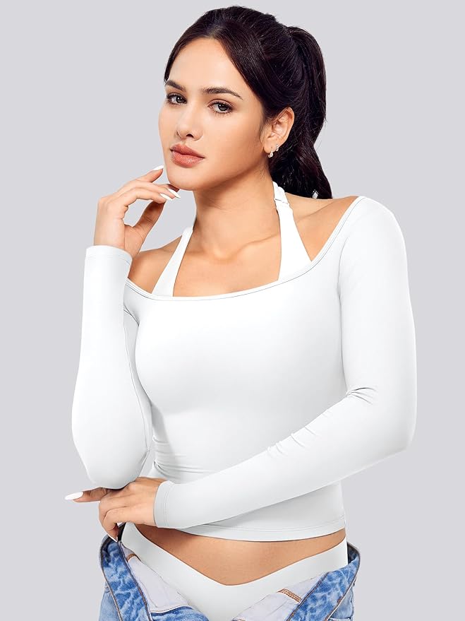 YEOREO Long Sleeve Workout Tops for Women Square Neck Slim Fitted Double Lined Compression Shirt Basic Casual Gym Yoga Tops
