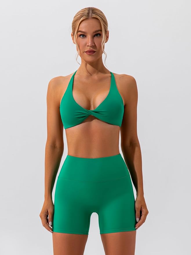 ABOCIW Workout Sets for Women 2 Piece Twist Front Halter Sports Bras High Waist Biker Shorts Exercise Gym Yoga Outfit