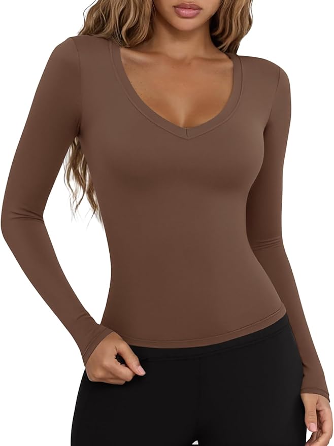 LASLULU Womens Long Sleeve Sexy V Neck T Shirts Basic Workout Tops Athletic Yoga Casual Crop Top