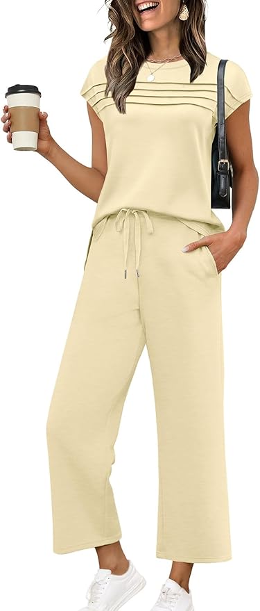WIHOLL Two Piece Sets for Women Summer Spring Travel Vacation Outfits Cap Sleeve Lounge Matching Sets Wide Leg Pants S-3XL