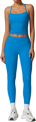 QBGJTD Womens Workout Sets Two Piece Cross Back Tank Top Matching High Waist Leggings Sets Gym Outfits Work Out Clothes