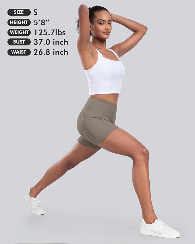 CHRLEISURE Womens Biker Yoga Shorts with Pocket, High Waisted Tummy Control 5 Inch Workout Spandex Athletic Gym Shorts