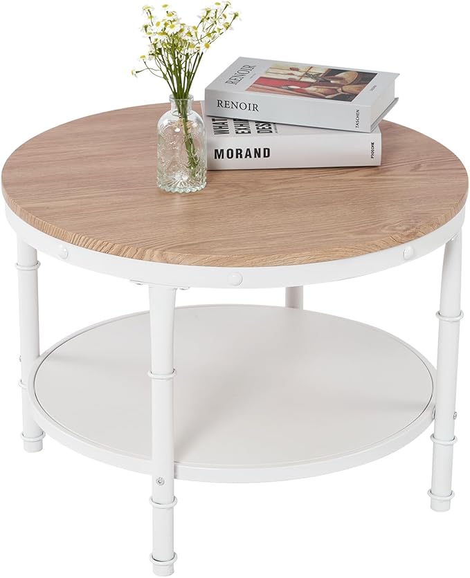VINGLI 25.6" Natural White Round Farmhouse Coffee Table, 2-Tier Storage Wood Center Circle Accent Table for Living Room, Bedroom, Apartment, Studio and Small Spaces, Sturdy Metal Frame, Natural Color