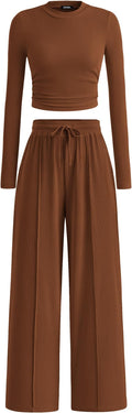 BTFBM Casual 2 Piece Sets For Women Fall Outfits 2026 Ribbed Spring Long Sleeve Crop Top Wide Leg Pants Matching Lounge Set