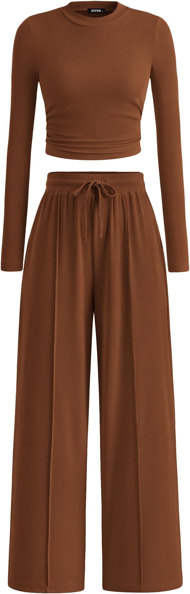 BTFBM Casual 2 Piece Sets For Women Fall Outfits 2026 Ribbed Spring Long Sleeve Crop Top Wide Leg Pants Matching Lounge Set