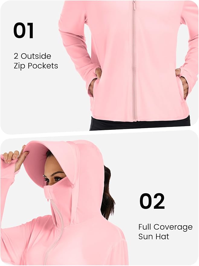 VUTRU Women UPF 50+ Sun Protection Jacket Hoodie Lightweight Full Zip Pockets Running Shirts Long Sleeve for Hiking Outdoor